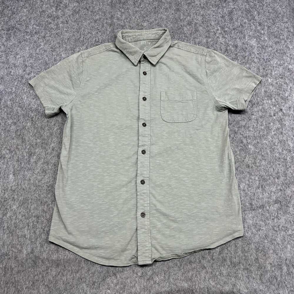 J Crew Shirt Mens L Green Solid Slub Jersey Short Sleeve Button Up Casual Preppy